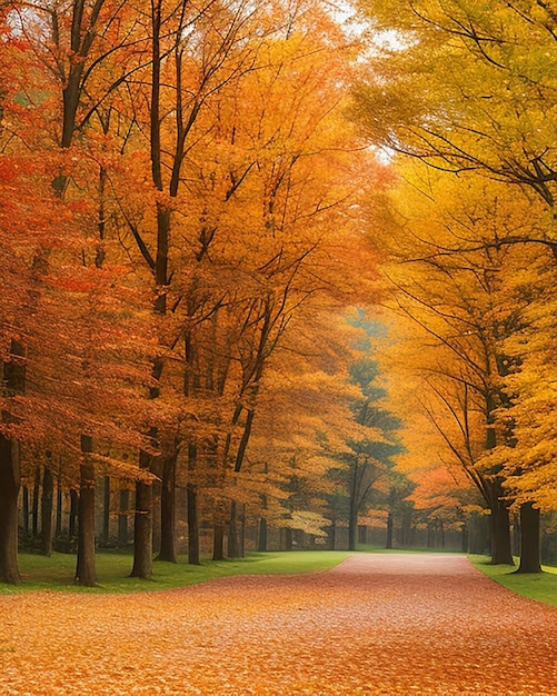 La route de la photo est entourée d'arbres aux feuilles colorées à l'automne