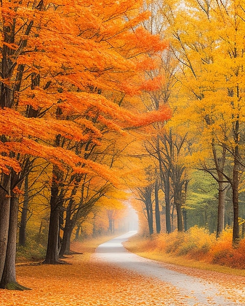 La route de la photo est entourée d'arbres aux feuilles colorées à l'automne