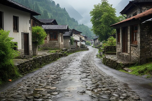 Une route de pierre après la pluie et un village de montagne au printemps