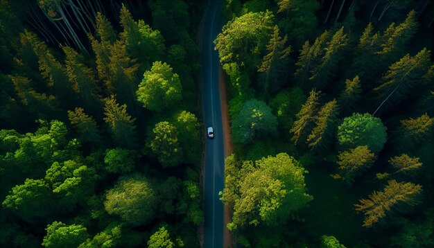 Route pour une voiture parmi la forêt vue de haut