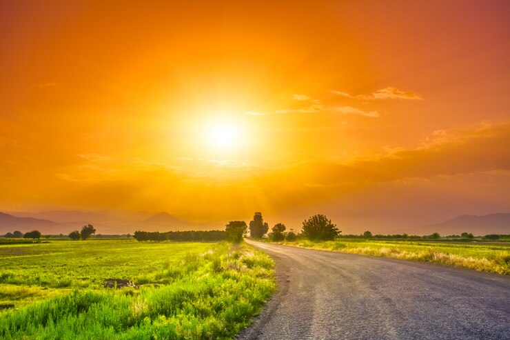Photo route sur prairie avec beau ciel coucher de soleil