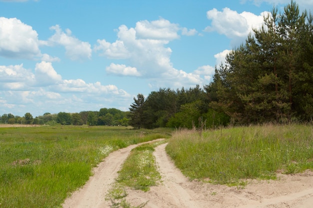 Route sur un pré et un ciel nuageux bleu