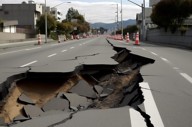 Une route qui a un grand trou après le tremblement de terre