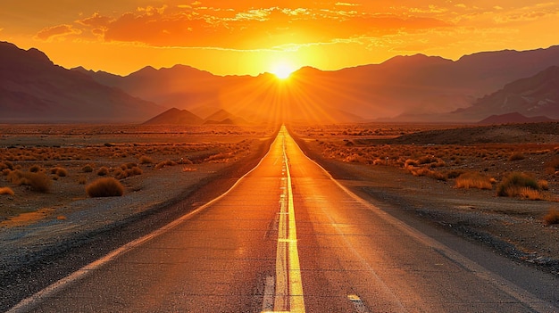 La route qui mène au coucher du soleil La route droite qui mène à la montagne Créant une atmosphère de voyage