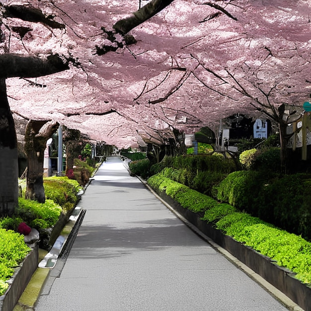 Une route avec une rangée de buissons verts et d'arbres roses avec le mot sakura dessus