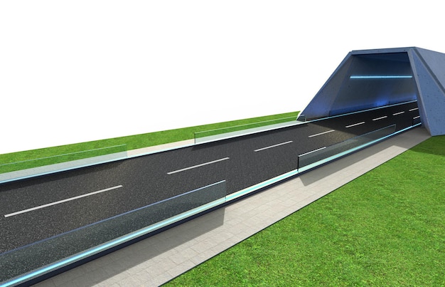 Route de rendu 3D avec tunnel et greenfield isolé sur fond blanc