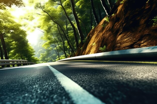 Sur la route sur une route forestière sinueuse photographie publicitaire professionnelle hyper détaillée générée par l'IA