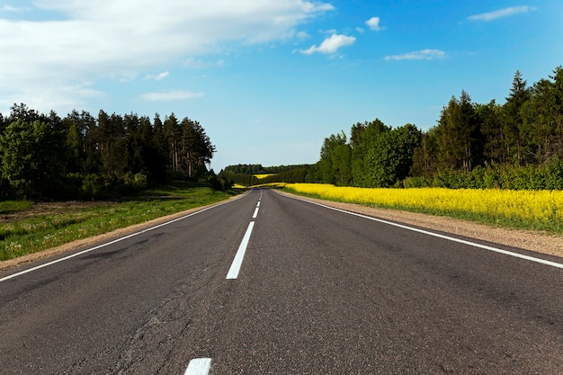 Route rurale passant près du champ où le canola est cultivé