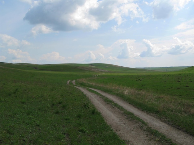 La route s'éloigne au loin, à travers des champs verdoyants et des collines, un très long chemin de terre, interminable.