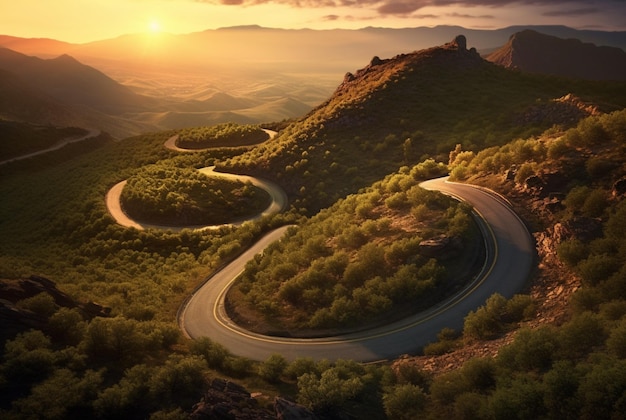 route sinueuse dans les collines avec une belle vue sur le soleil le soir ai génératif