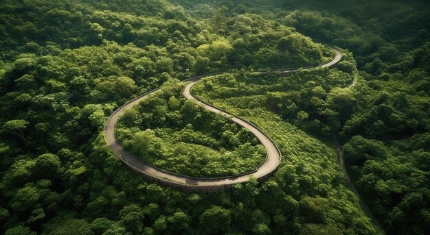 Une route sinueuse dans la jungle avec des arbres et le mot route dessus