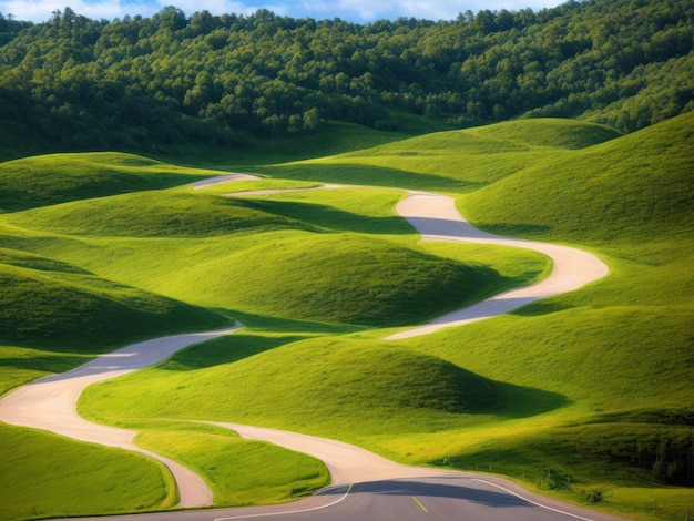 Une route sinueuse dans les montagnes avec une colline verdoyante et des arbres en arrière-plan.