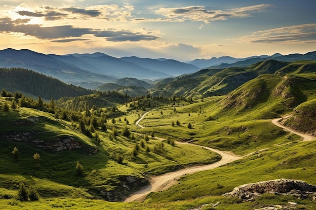 une route sinueuse dans une vallée de montagne avec vue sur les montagnes et une route sinueuse.