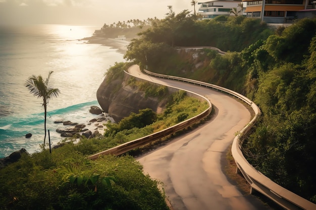 Une route sinueuse avec une maison sur le côté droit et une maison sur le côté droit.