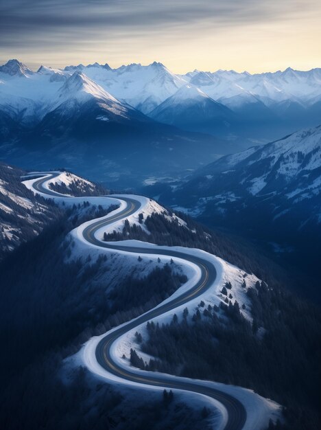 Route sinueuse parmi les collines boisées en hiver vue aérienne