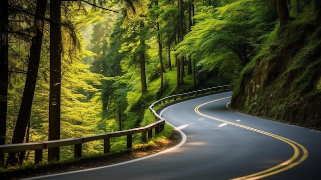 une route sinueuse avec une route sinule et des arbres sur le côté