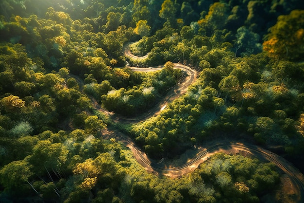 La route sinueuse serpente à travers la forêt verdoyante offrant une route panoramique au milieu de la beauté de la nature