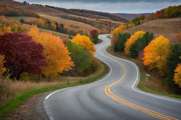 Photo une route sinueuse à travers une forêt d'automne colorée