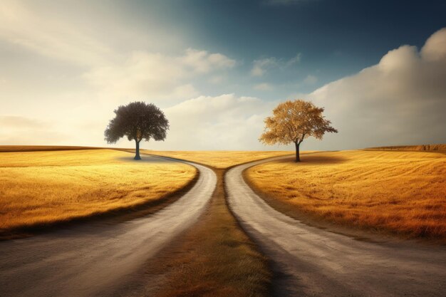 Une route sinueuse traversant un champ doré sous le vaste ciel bleu.