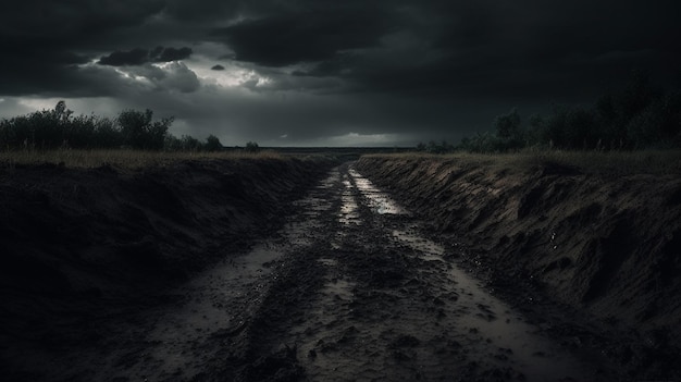 Une route sombre et boueuse avec un ciel sombre et un ciel sombre.