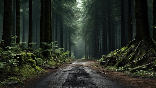 une route sombre dans les bois