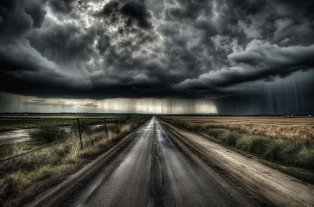 Une route avec une tempête en arrière-plan