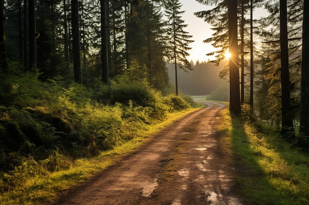 une route de terre au milieu d'une forêt au coucher du soleil