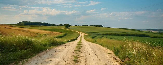 Photo une route de terre avec un champ vert et un ciel bleu avec des nuages