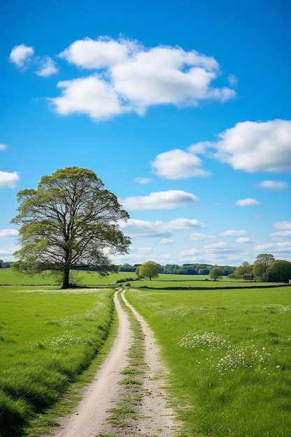 une route de terre dans un champ avec un arbre sur le côté gauche