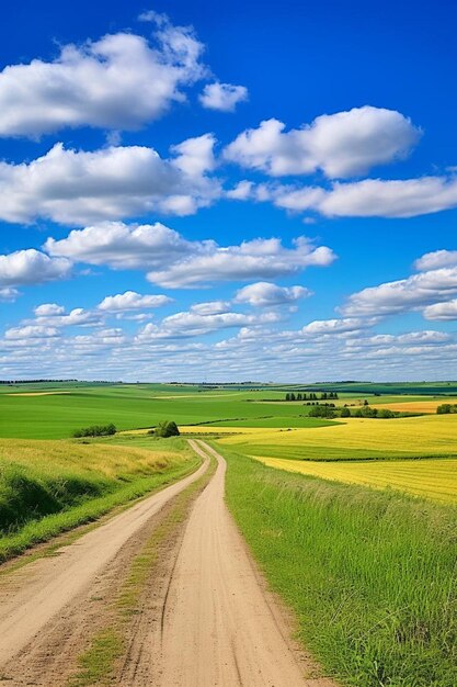 une route de terre est entourée de champs et le ciel est bleu