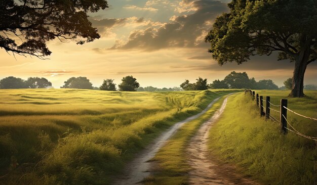 Photo une route de terre mène à un champ avec des arbres et de l'herbe