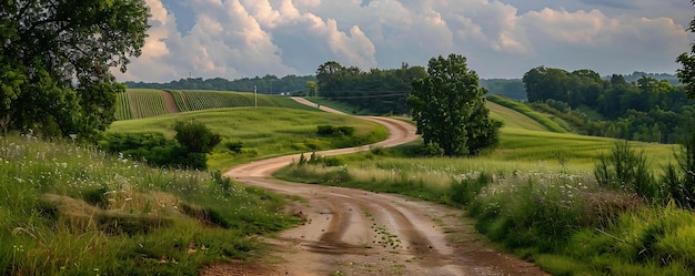Photo une route de terre mène à une ferme et à un champ avec des arbres et des nuages en arrière-plan