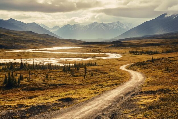 Une route de terre mène à un lac et à des montagnes.