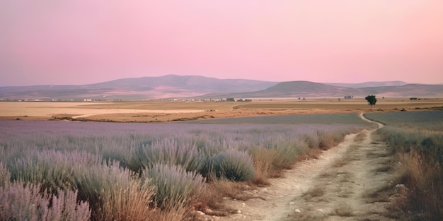 Une route de terre avec une route de terre et un ciel rose