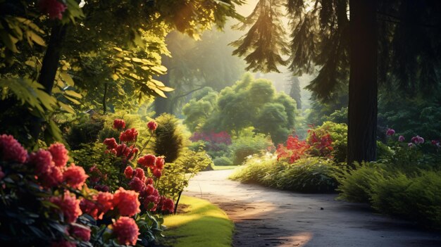 Une route tranquille dans le beau jardin avec un espace d'enregistrement