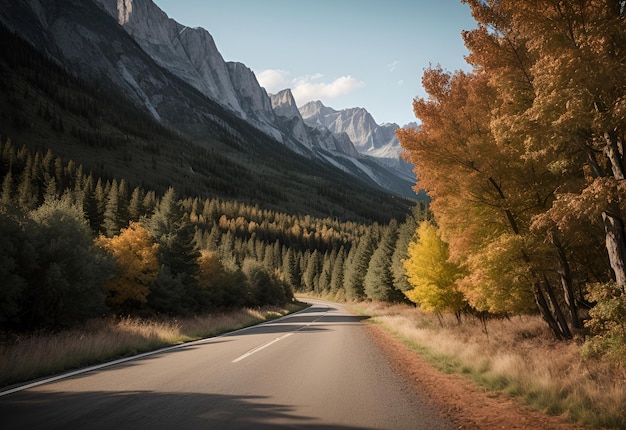 Photo une route tranquille à travers la forêt de pins d'automne