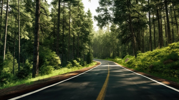 Une route à travers la forêt avec des arbres et le soleil qui brille dessus.
