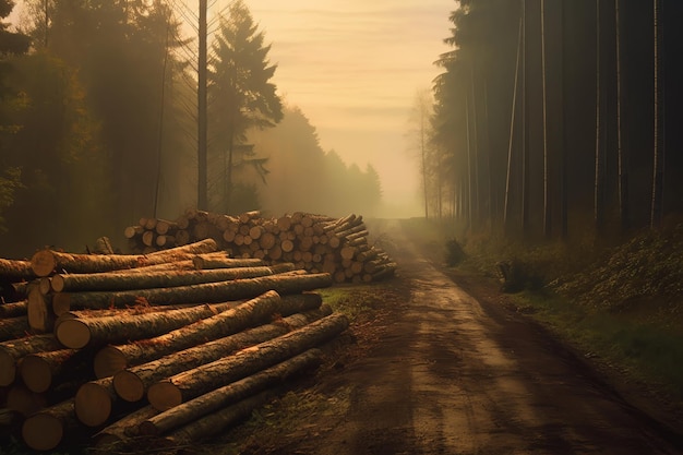 Une route à travers une forêt avec un tas de bûches sur le côté