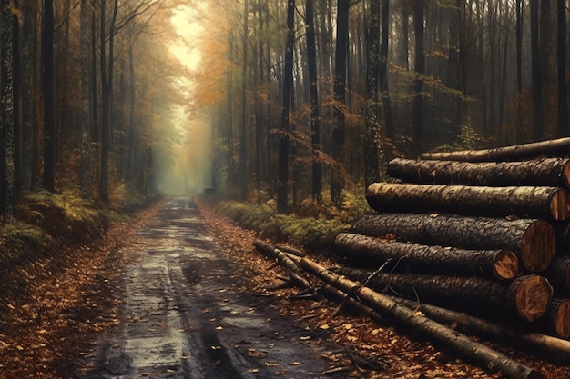 Une route à travers une forêt avec un tas de bûches sur le côté