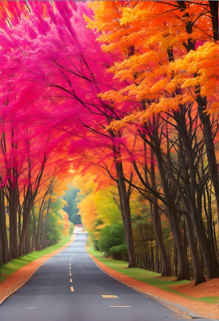 Une route traversant de beaux arbres colorés capturés dans la journée ai générative