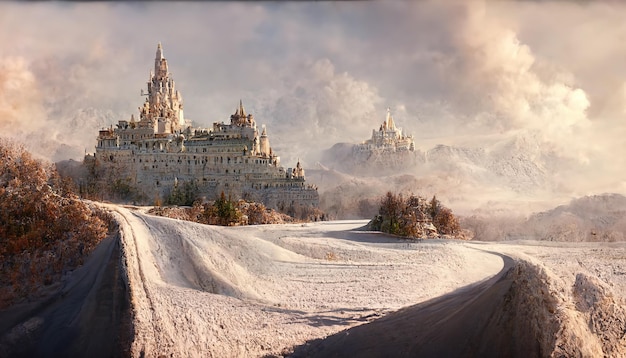 Route vers le château sur une colline avec de la neige au sol et des arbres nus