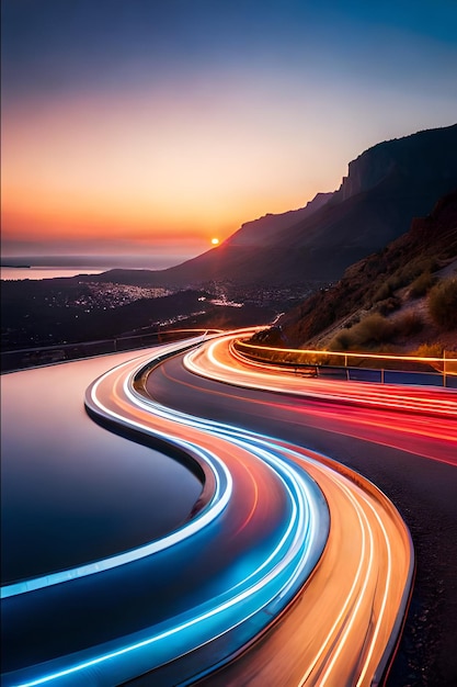 La route vers le coucher du soleil est une belle façon de conduire.