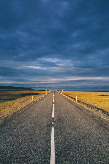 Une route vide au milieu d'un champ contre un ciel nuageux