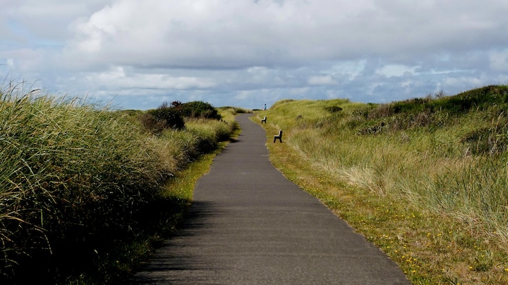 Photo une route vide au milieu de l'herbe contre un ciel nuageux