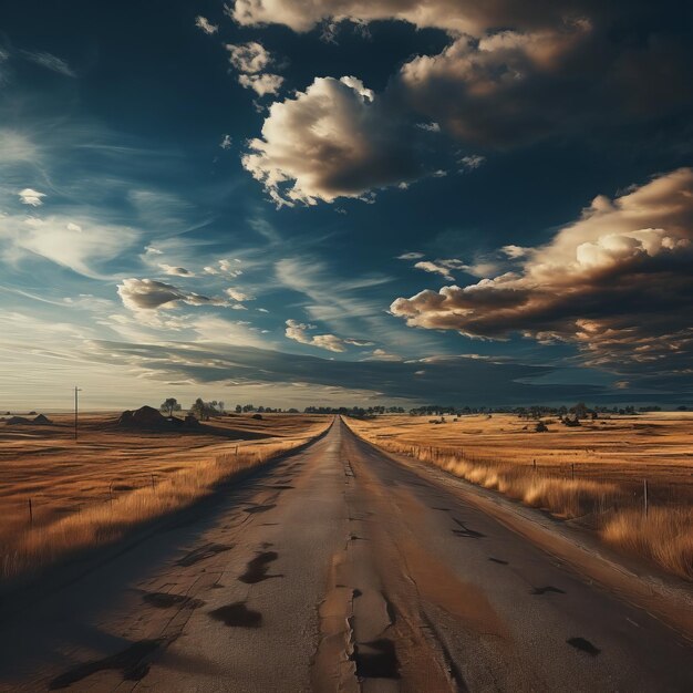 Une route vide à côté d'une prairie sous un ciel nuageux