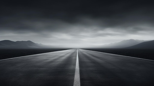 Une route vide dans le brouillard sombre.