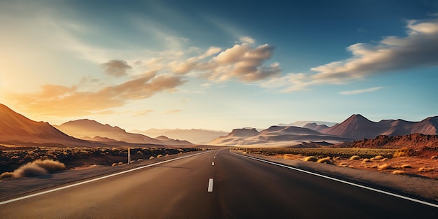 Une route vide dans le désert avec des montagnes en arrière-plan et un ciel bleu
