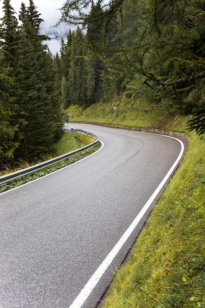 Route vide dans les montagnes à travers la forêt de pins, Dolomites Italie