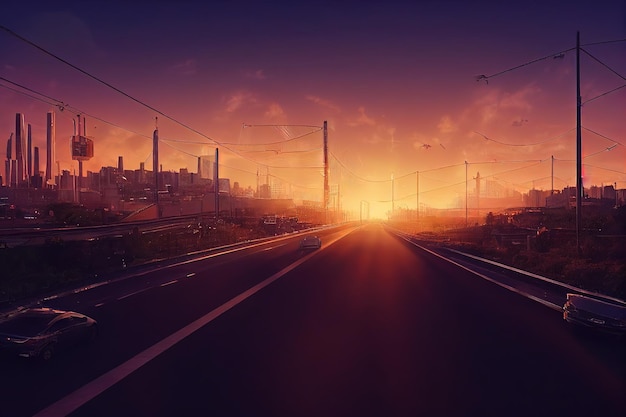 Route vide dans la ville avec poteaux et lignes électriques au coucher du soleil illustration 3d