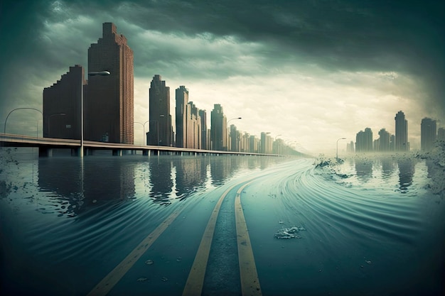 Route vide sous l'eau sur la rive de la ville inondée